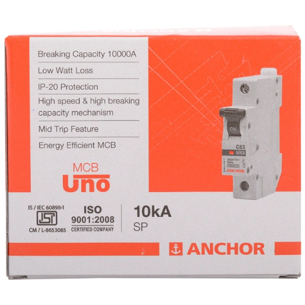 Anchor by Panasonic 98001 Single Pole UNO Series MCB 63 Ampere (White) - 63A, White, 6 Month